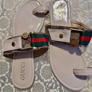 Gucci Khaki Leather Slides with Green and Red Web Stripe